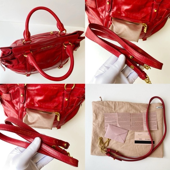 Miu Miu Bow Bag Red Patent Leather Gold Accents X-Body Strap Large Shoulder Bag - Picture 6 of 10